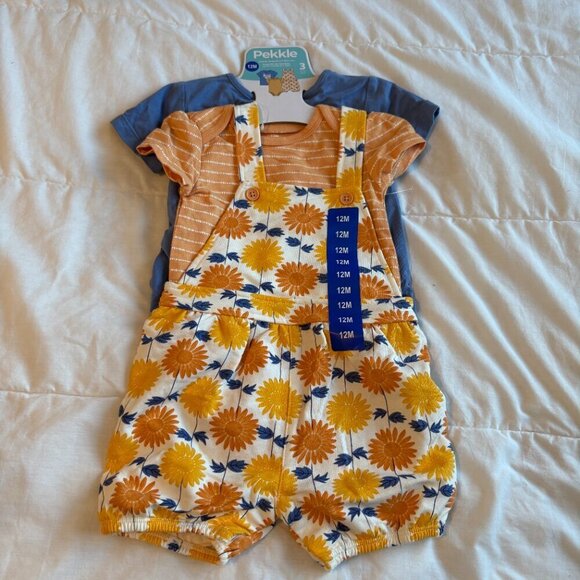Pekkle 3 piece outfit Blue Orange 12 months NEW Summer Overalls Shorts T-shirts - Picture 2 of 6